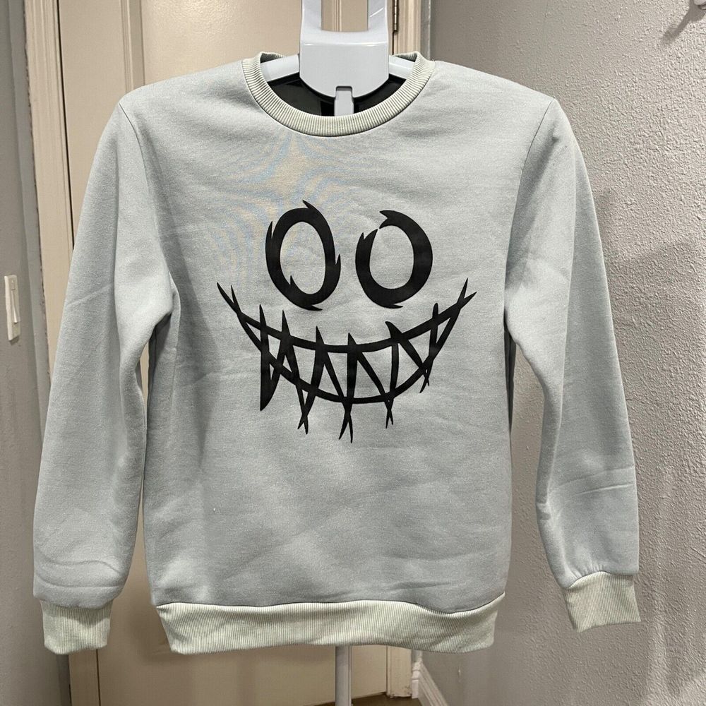 XS Hoody Crewneck Sweater Youth Large Ghost Face Creepy Jagged Smile Baby Blue